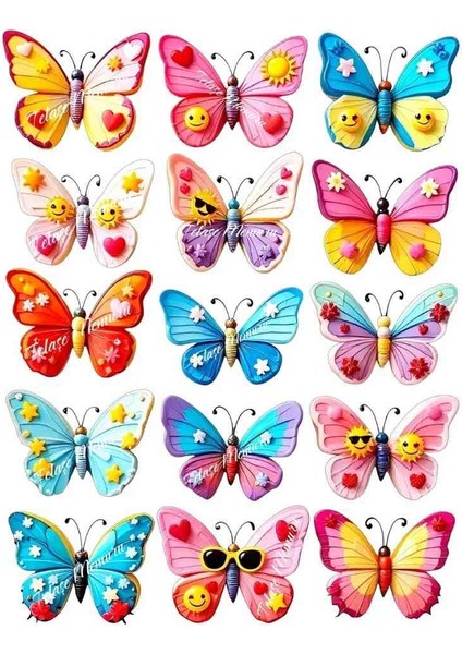 Emojili Yenilebilir Pasta Süsü Kelebek - Doğum Günü Yenilebilir Kağıt Kelebek Pasta Süsü - 1