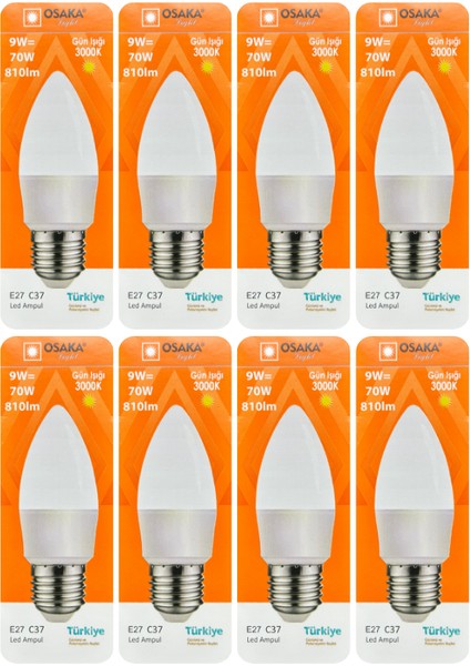 (8 adet) Osaka 9W (70W) Sarı Işık (3000K) E27 DUYLU (Kalın Duy) LED Mum Ampul
