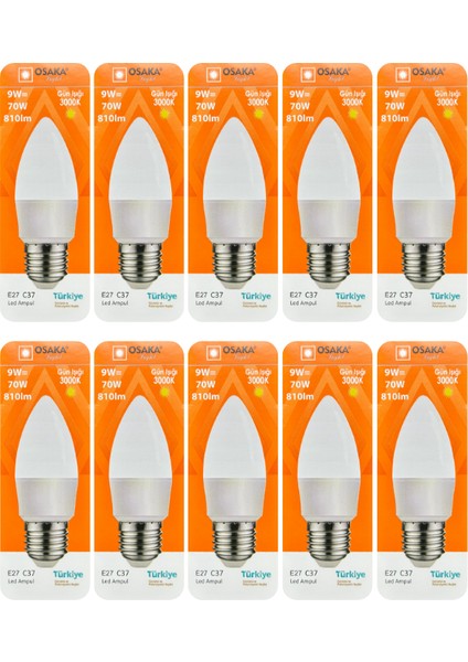 (10 adet) Osaka 9W (70W) Sarı Işık (3000K) E27 DUYLU (Kalın Duy) LED Mum Ampul