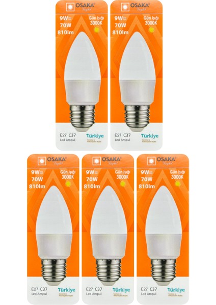 (5 adet) Osaka 9W (70W) Sarı Işık (3000K) E27 DUYLU (Kalın Duy) LED Mum Ampul