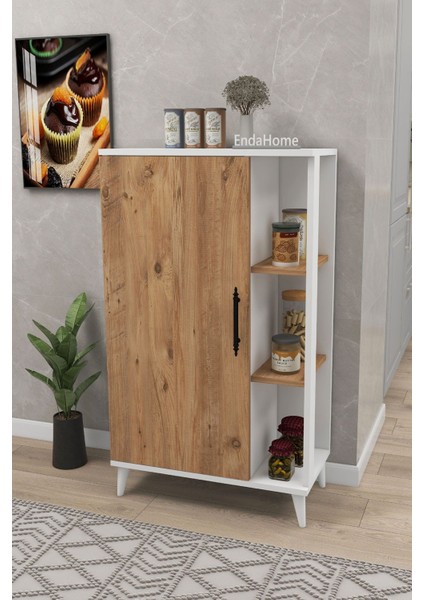 6 Raflı Kapaklı Çok Amaçlı Dolap Beyaz & Çam 97X65X32 cm