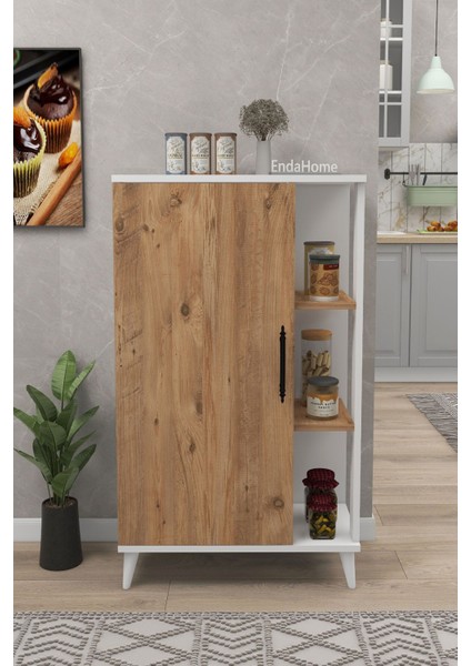 6 Raflı Kapaklı Çok Amaçlı Dolap Beyaz & Çam 97X65X32 cm