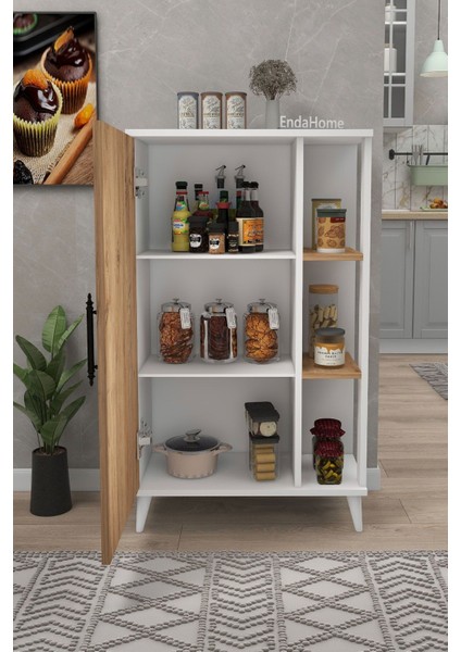 6 Raflı Kapaklı Çok Amaçlı Dolap Beyaz & Çam 97X65X32 cm