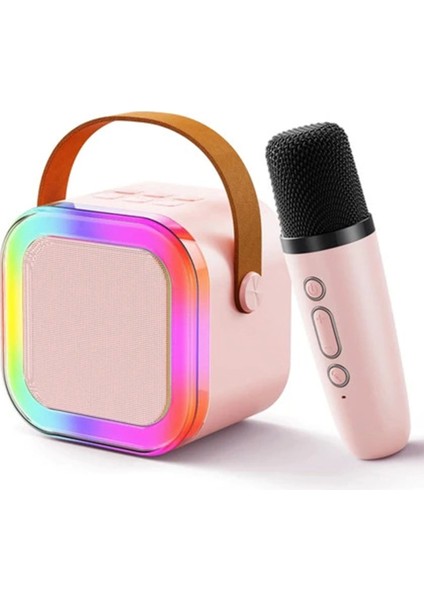 Karaoke Kablosuz Hoparlör Mikrofonlu Rgb Işıklı Bluetooth Speaker Tf Kart/usb Pembe