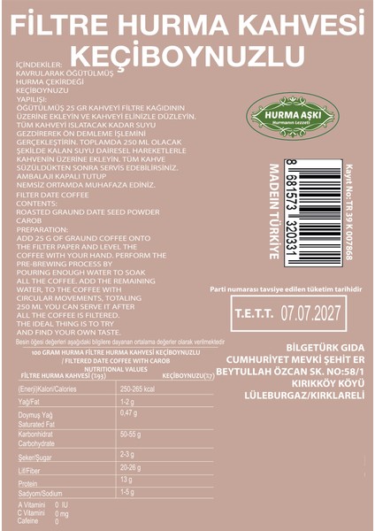 Filtre Hurma Kahvesi Keçiboynuzlu 200GRX3=600GR modelleri