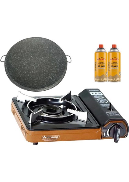 Portatif Kamp Ocağı Turuncu + Granit Katmer + 2 Evolite 227 Gr Gaz Kartuşu Evo-003-E1