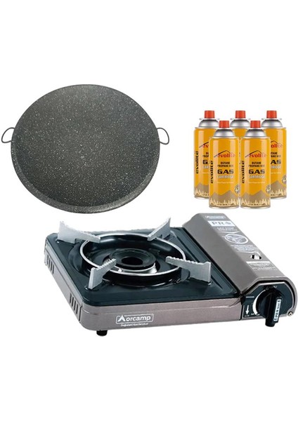 Portatif Kamp Ocağı Gri + Granit Katmer + 5 Evolite 227 Gr Gaz Kartuşu Evo-001-E4