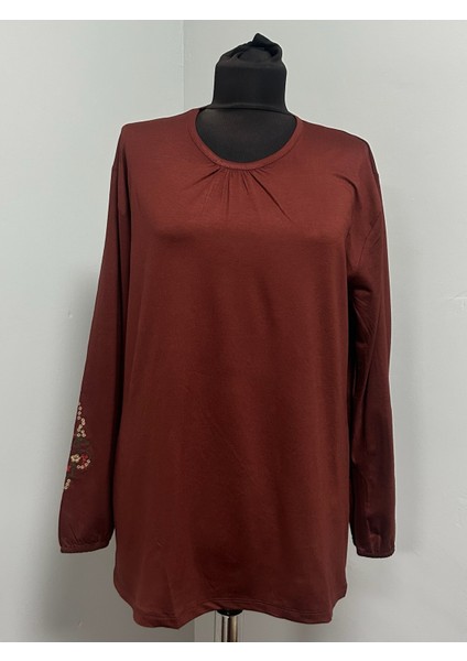 Kadın Rikralı Anne Penye Orta Yaş ve Üzeri Kolu Nakışlı Lastikli Büzgülü Yaka Bluz