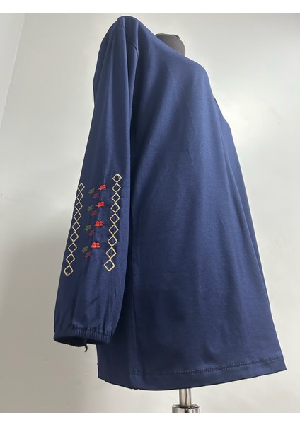 Kadın Rikralı Anne Penye Orta Yaş ve Üzeri Kolu Nakışlı Lastikli Büzgülü Yaka Bluz modelleri