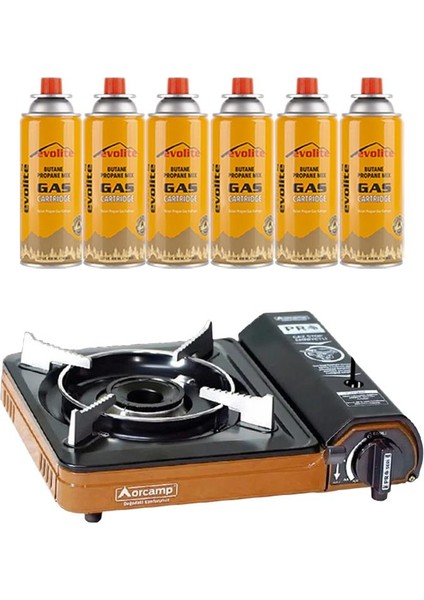 Portatif Kamp Ocağı Turuncu + 6 Evolite 227 Gr Gaz Kartuşu Evo-003-A5