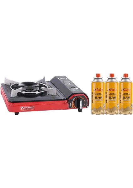 Portatif Kamp Ocağı Kırmızı + 3 Evolite 227 Gr Gaz Kartuşu Evo-002-A2
