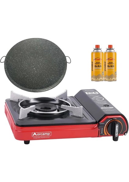 Portatif Kamp Ocağı Kırmızı + Granit Katmer + 2 Evolite 227 Gr Gaz Kartuşu Evo-002-F1