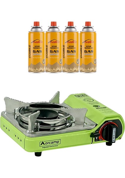 Mini Portatif Kamp Ocağı Yeşil + 4 Evolite 227 Gr Gaz Kartuşu Evo-006-A3