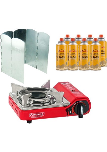 Mini Portatif Kamp Ocağı Kırmızı + 6 Kanatlı Rüzgarlık + 8 Evolite 227 Gr Gaz Kartuşu Evo-004-E7