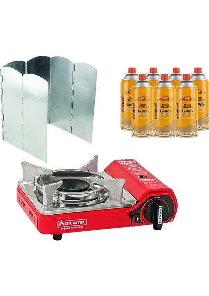 Mini Portatif Kamp Ocağı Kırmızı + 6 Kanatlı Rüzgarlık + 7 Evolite 227 Gr Gaz Kartuşu Evo-004-E6