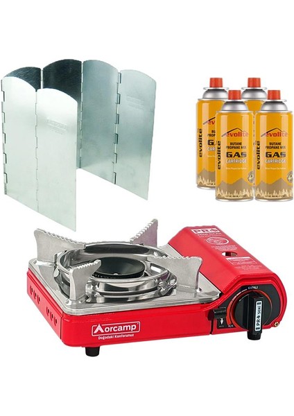 Mini Portatif Kamp Ocağı Kırmızı + 6 Kanatlı Rüzgarlık + 4 Evolite 227 Gr Gaz Kartuşu Evo-004-E3