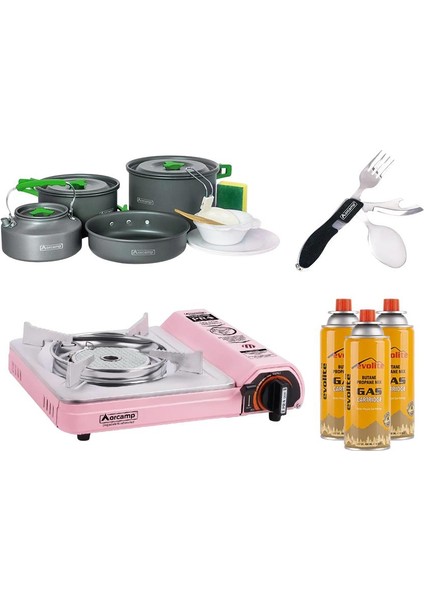 Seramik Pro Portatif Kamp Ocağı Pembe + 4'Lü Tencere Seti + Çkb(Out-1350-S) + 3 Evolite 227 Gr Gaz Kartuşu Evo-008-D2