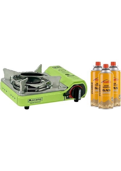 Mini Portatif Kamp Ocağı Yeşil + 3 Evolite 227 Gr Gaz Kartuşu Evo-006-A2