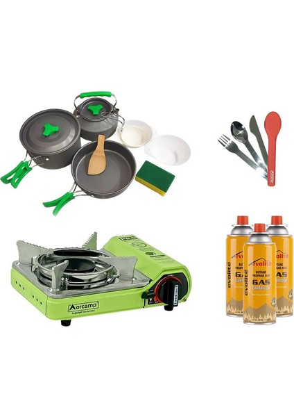 Mini Portatif Kamp Ocağı Yeşil + 3'Lü Tencere Seti + Çkb(Out-1970-K) + 3 Evolite 227 Gr Gaz Kartuşu Evo-006-D5