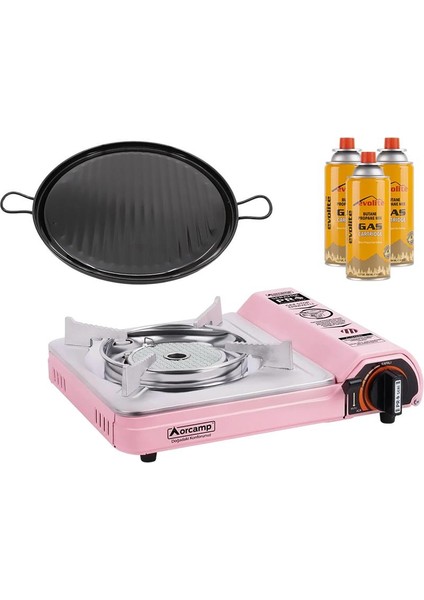 Seramik Pro Portatif Ocağı Pembe + Emaye Tava + 3 Evolite 227 Gr Gaz Kartuşu Evo-008-C2