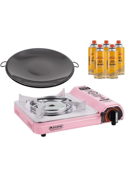 Seramik Pro Portatif Ocağı Pembe + Emaye Katmer + 5 Evolite 227 gr Gaz Kartuşu EVO-008-E4