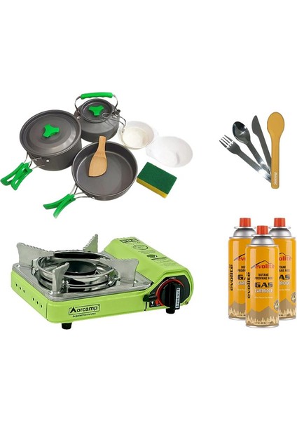 Mini Portatif Kamp Ocağı Yeşil + 3'Lü Tencere Seti + Çkb(Out-1970-S) + 3 Evolite 227 Gr Gaz Kartuşu Evo-006-D4