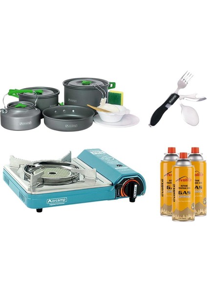 Seramik Pro Portatif Kamp Ocağı Mavi + 4'Lü Tencere Seti + Çkb(Out-1350-S) + 3 Evolite 227 Gr Gaz Kartuşu Evo-007-D2