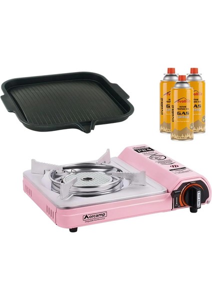 Seramik Pro Portatif Ocağı Pembe + Yapışmaz Izgara Tava + 3 Evolite 227 Gr Gaz Kartuşu Evo-008-B2