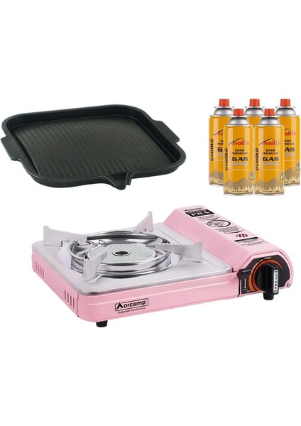 Seramik Pro Portatif Ocağı Pembe + Yapışmaz Izgara Tava + 5 Evolite 227 Gr Gaz Kartuşu Evo-008-B4