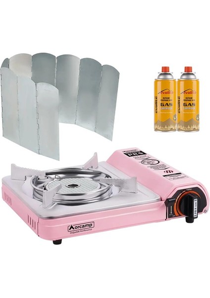 Seramik Pro Portatif Kamp Ocağı Pembe + 9 Kanatlı Rüzgarlık + 2 Evolite 227 Gr Gaz Kartuşu Evo-008-G1