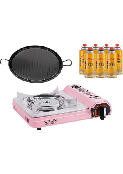 Seramik Pro Portatif Ocağı Pembe + Emaye Tava + 7 Evolite 227 Gr Gaz Kartuşu Evo-008-C6