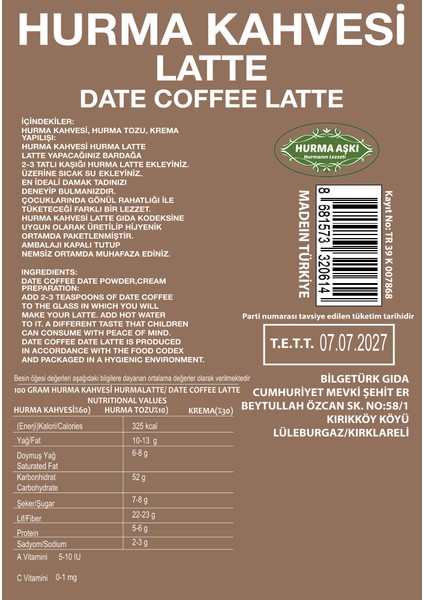 Hurma Kahvesi Hurma Latte 200 gr