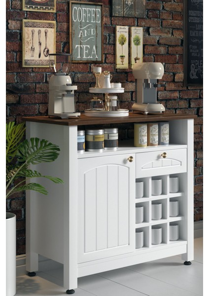 Kahve Köşesi, Çekmeceli, Lake Kapaklı ve Bardaklık Bölmeli, Çok Amaçlı Dolap (Beyaz-Barok)