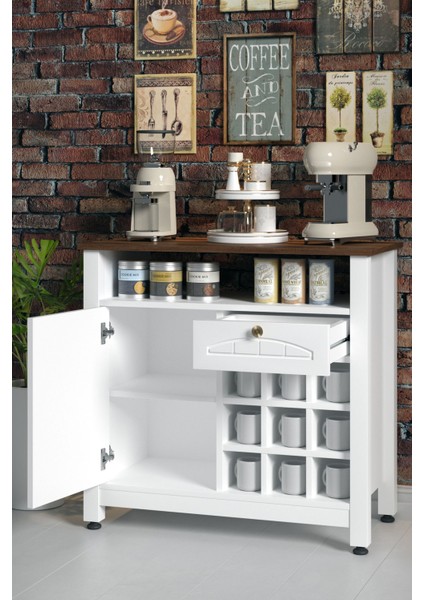 Kahve Köşesi, Çekmeceli, Lake Kapaklı ve Bardaklık Bölmeli, Çok Amaçlı Dolap (Beyaz-Barok) fırsatları