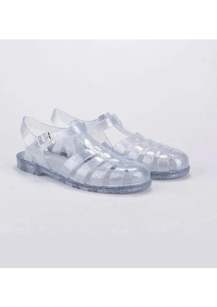 S10262 Biarritz Glitter Kadın Sandalet Simli Gri Transparan