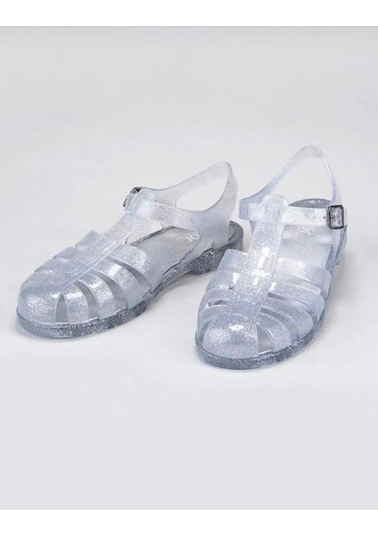 S10262 Biarritz Glitter Kadın Sandalet Simli Gri Transparan