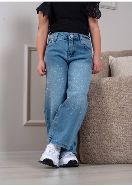 Kız Çocuk Taşlı Geniş Paça Bel Ayarlı Kot Pantolon