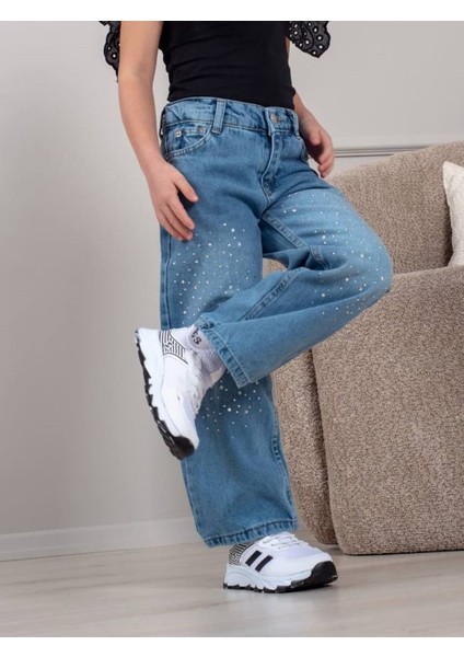 Kız Çocuk Taşlı Geniş Paça Bel Ayarlı Kot Pantolon fiyatları