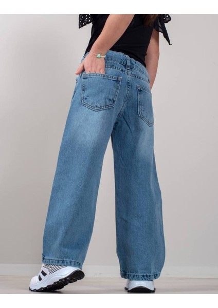 Kız Çocuk Taşlı Geniş Paça Bel Ayarlı Kot Pantolon modelleri