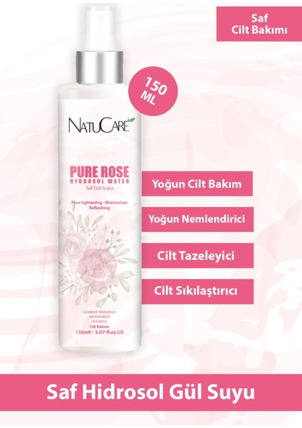 Natucare Gözenek Sıkılaştırmaya Yardımcı ve Arındırıcı %100 Saf ve Doğal Hidrosol Gül Suyu 150ML