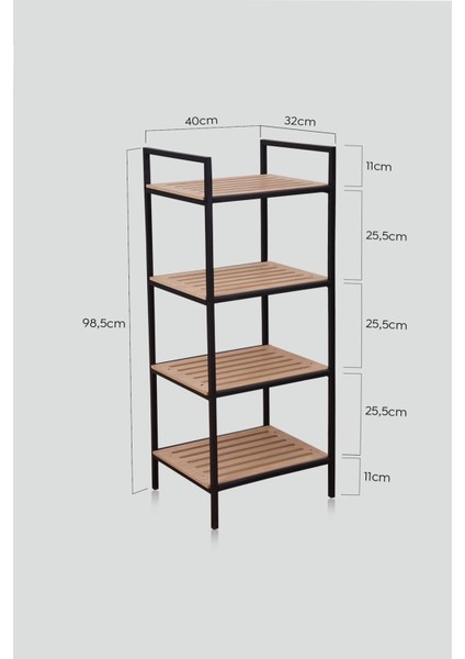 Çok Amaçlı Dekoratif Raf Izgaralı 4 Raflı Açık Dolap Metal Ahşap Organizer