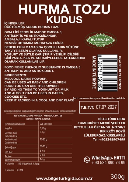 Hurma Tozu Kudus 300 gr fiyatları