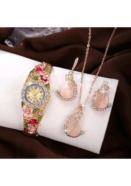 Kadın Kore Stili Moda 3D Çiçek Taşlı Süsleme Takı Saat Kombini,
