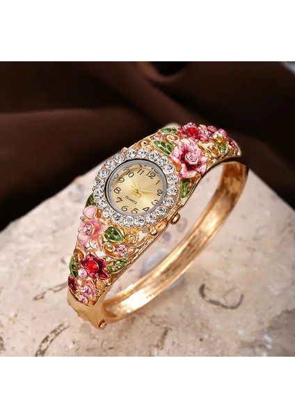 Kadın Kore Stili Moda 3D Çiçek Taşlı Süsleme Takı Saat Kombini, modelleri