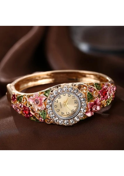 Kadın Kore Stili Moda 3D Çiçek Taşlı Süsleme Takı Saat Kombini, indirimleri
