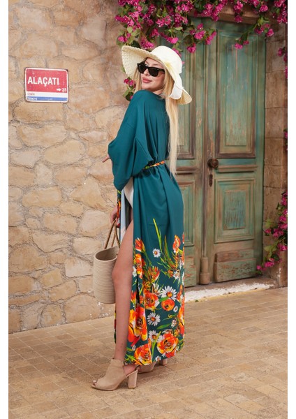 Kadın Yeşil Çiçek Desenli Kimono – Yazlık Hafif Kumaş – Belden Bağlamalı – Standart Beden