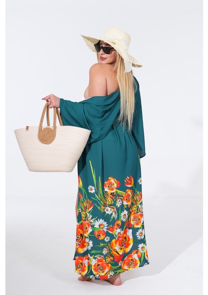 Kadın Yeşil Çiçek Desenli Kimono – Yazlık Hafif Kumaş – Belden Bağlamalı – Standart Beden