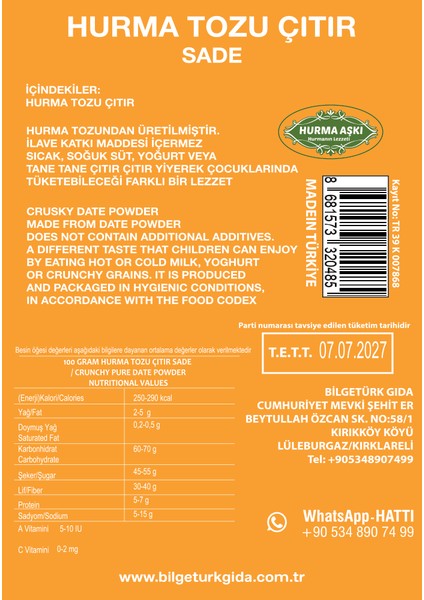 Hurma Tozu Çıtır Sade 150 gr x 3