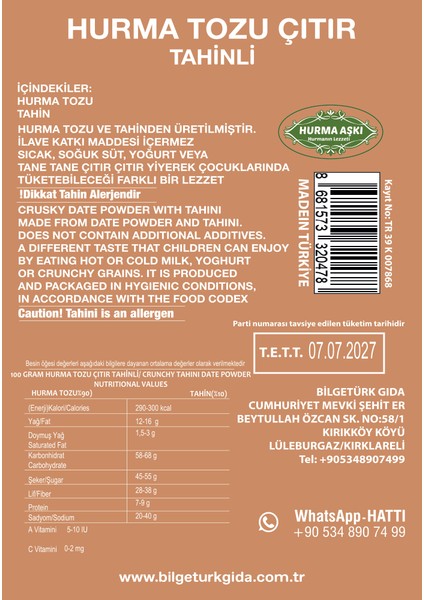 Hurma Tozu Çıtır Tahinli 150 gr x 3