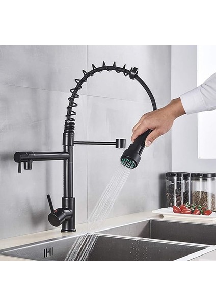 Spiralli Çift Başlı Mat Siyah Endüstriyel Lux Mutfak Musluk Evye Bataryası fiyatları